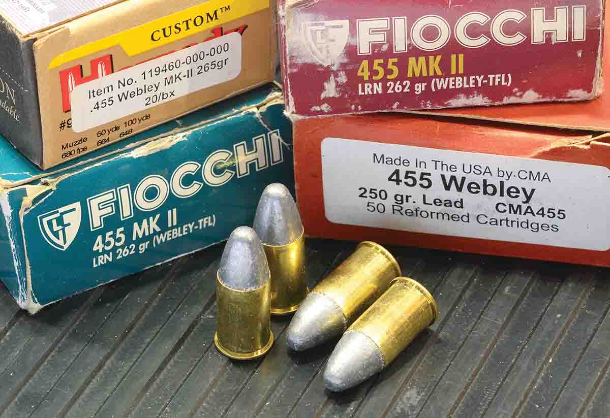 Seriously valuable treasure found in the boxes of handloaders’ odd and ends: A variety of .455 Mk. II, mostly shootable, and the four boxes of Hornady loads alone (80 rounds) would provide a prudent handloader with a lifetime supply of .455 brass.